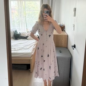 Silky 1940s style classy tea length midi dress purple black floral